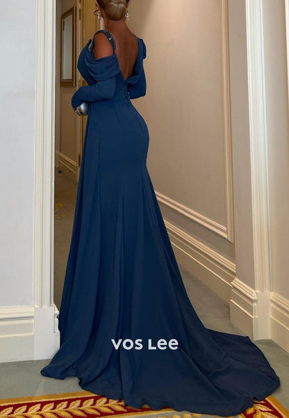 Long Sleeve Asymmetrical Neck Rhinestone Pleated Sheath Evening Dresses with Sweep Train