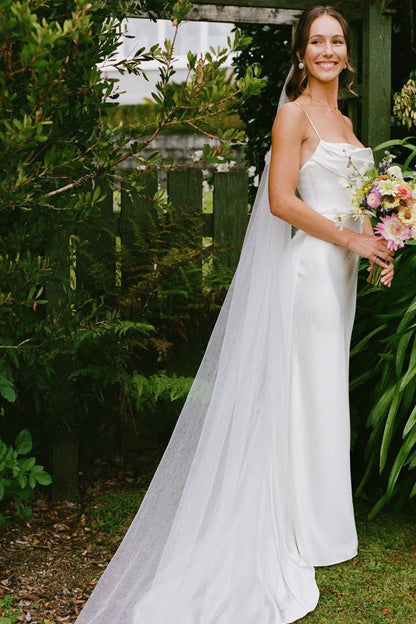 Simple Mermaid Spaghetti Straps White Satin Long Bridal Dress with Sweep Train