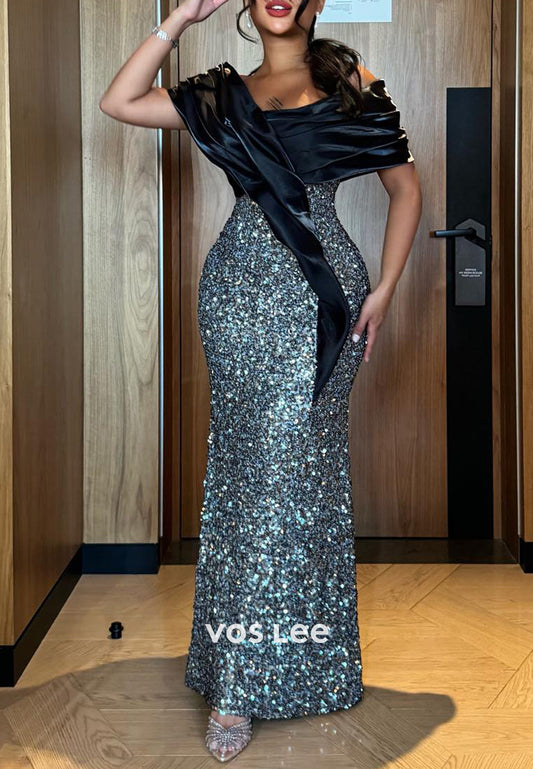 Pleated Off the Shoulder Sequined Floor-Length Pleated Mermaid Evening Dresses
