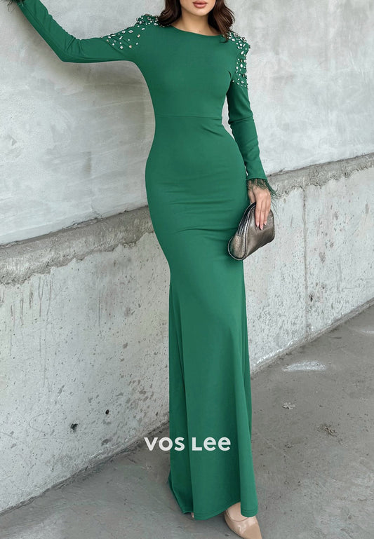 Long Sleeve Feather Scoop Rhinestone Floor-Length Mermaid Evening Dresses