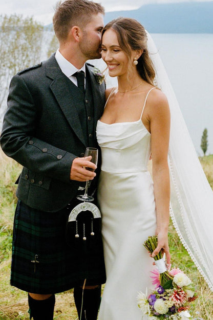 Simple Mermaid Spaghetti Straps White Satin Long Bridal Dress with Sweep Train