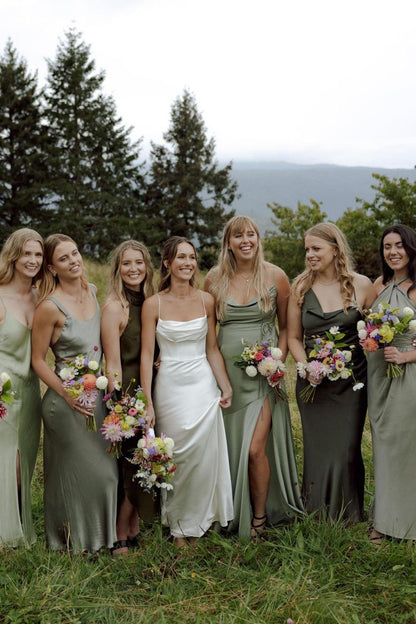 Simple Mermaid Spaghetti Straps White Satin Long Bridal Dress with Sweep Train