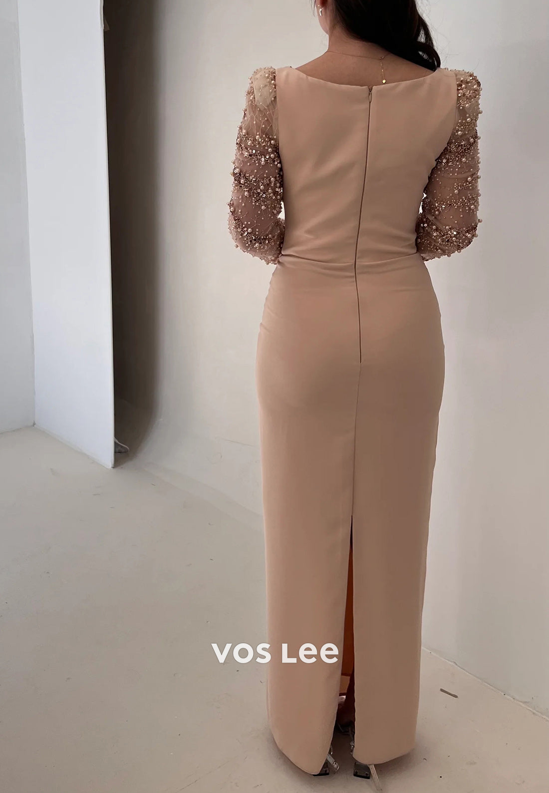 Classic Long Sleeve Sweetheart Beading Floor-Length Pleated Evening Dresses with Split