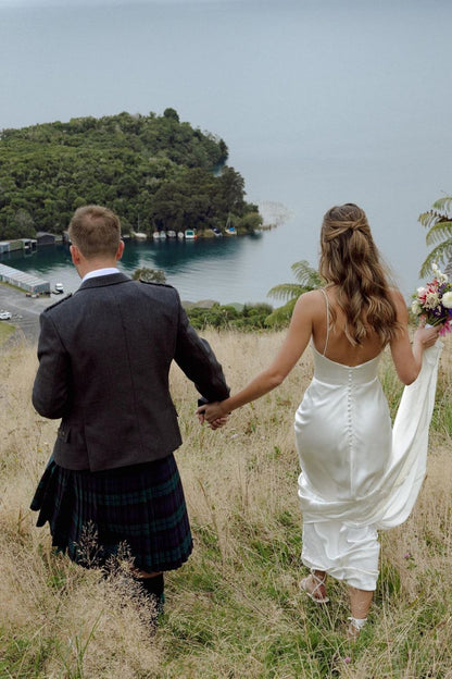 Simple Mermaid Spaghetti Straps White Satin Long Bridal Dress with Sweep Train