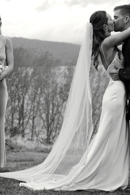 Simple Mermaid Spaghetti Straps White Satin Long Bridal Dress with Sweep Train