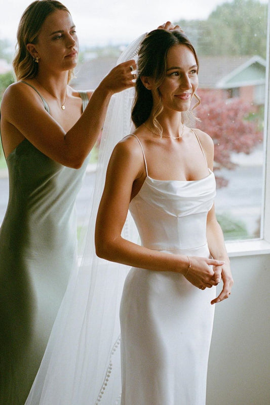 Simple Mermaid Spaghetti Straps White Satin Long Bridal Dress with Sweep Train