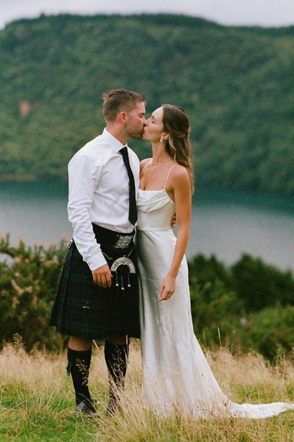 Simple Mermaid Spaghetti Straps White Satin Long Bridal Dress with Sweep Train