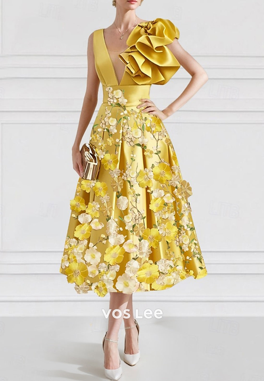 A-Line Plunging V Neck Tea-Length Appliqued Pleated Evening Dresses