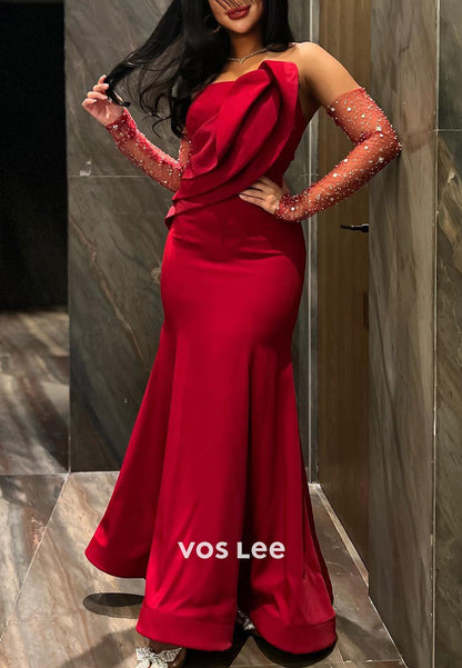 Couture & Ornate Strapless Pleated Floor-Length Mermaid/Trumpet Evening Dresses