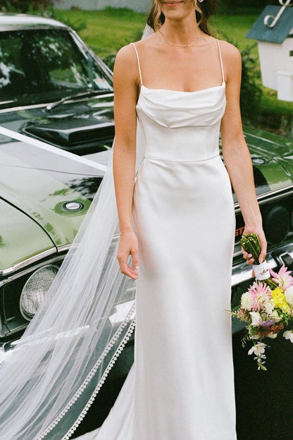 Simple Mermaid Spaghetti Straps White Satin Long Bridal Dress with Sweep Train