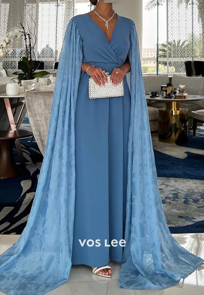 A-Line Long Sleeve V Neck Pleated Evening Dresses with Sweep Train