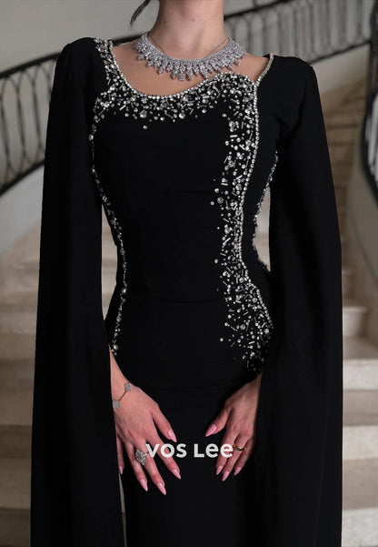 Long Sleeve Scoop Beading Embellished Floor-Length Sheath Evening Dresses