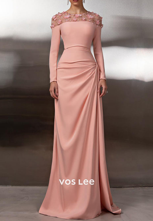 Long Sleeve Illusion Neck Appliques Floor-Length Mermaid Prom Dresses