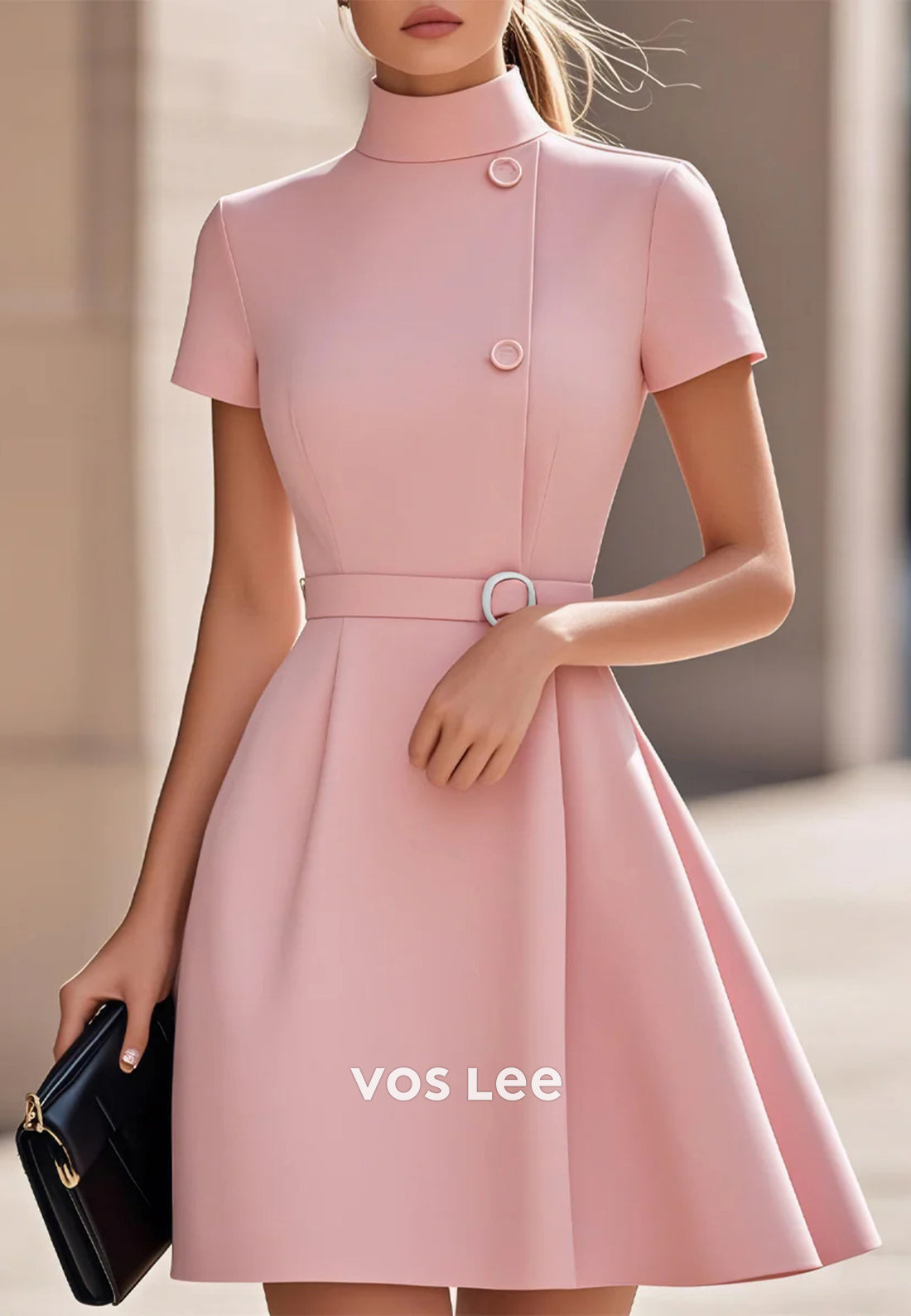 Mini & Short A-Line Short Sleeve High Neck Pleated Wedding Guest Dresses Party Dresses
