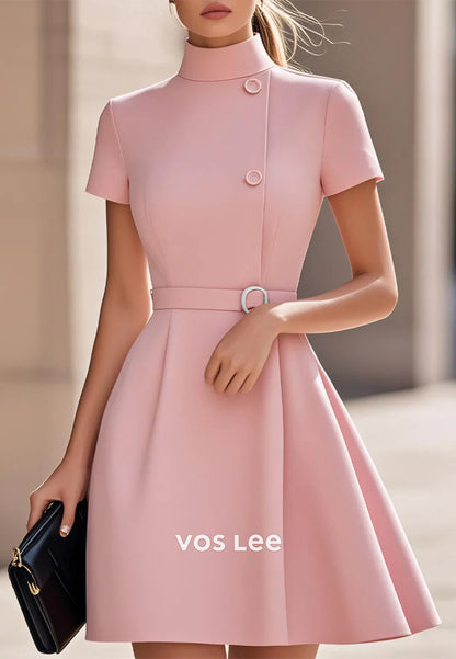 Mini & Short A-Line Short Sleeve High Neck Pleated Wedding Guest Dresses Party Dresses