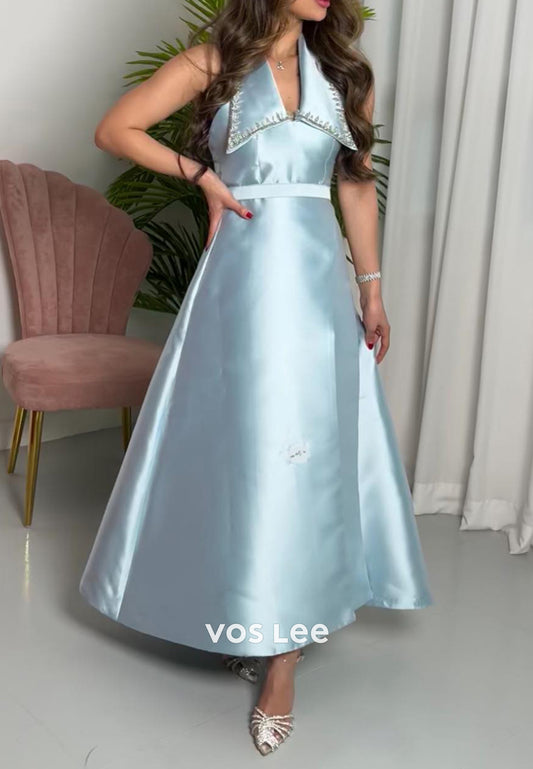 A-Line V Neck Beaded Sky Blue Ankle-Length Evening Dresses