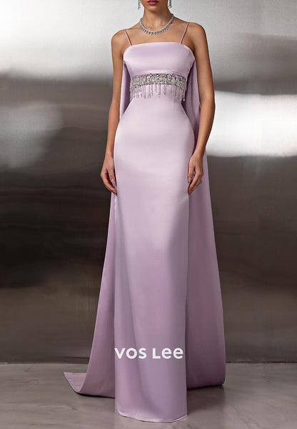 Spaghetti Straps Square Bead-Fringed Rhinestone Sheath Prom Dresses