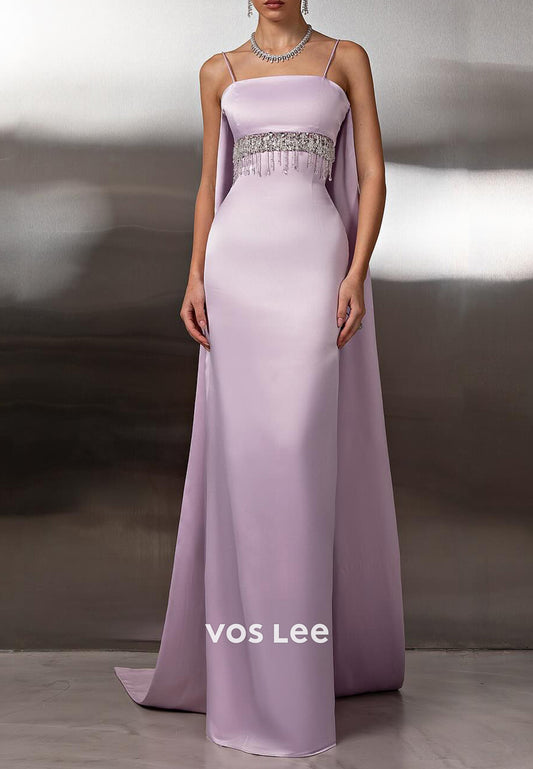 Spaghetti Straps Square Bead-Fringed Rhinestone Sheath Prom Dresses