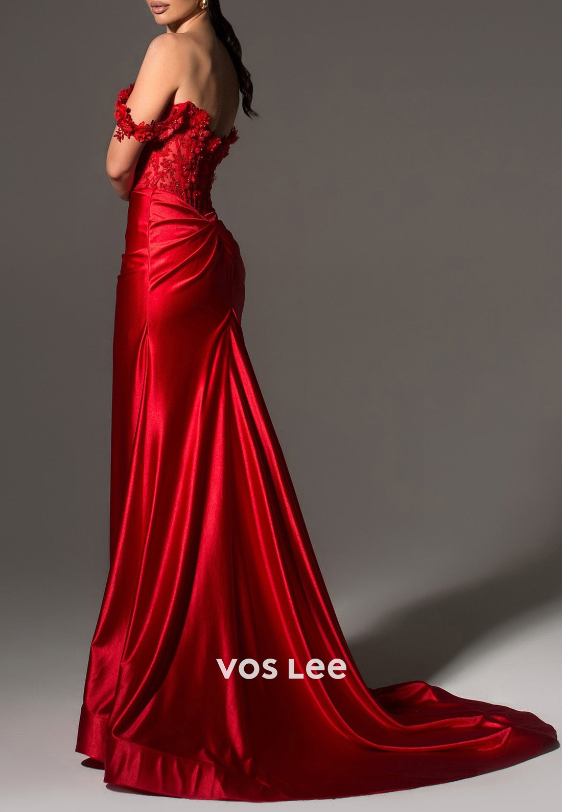 Red Off the Shoulder Appliques Lace Mermaid Prom Dresses with High Split
