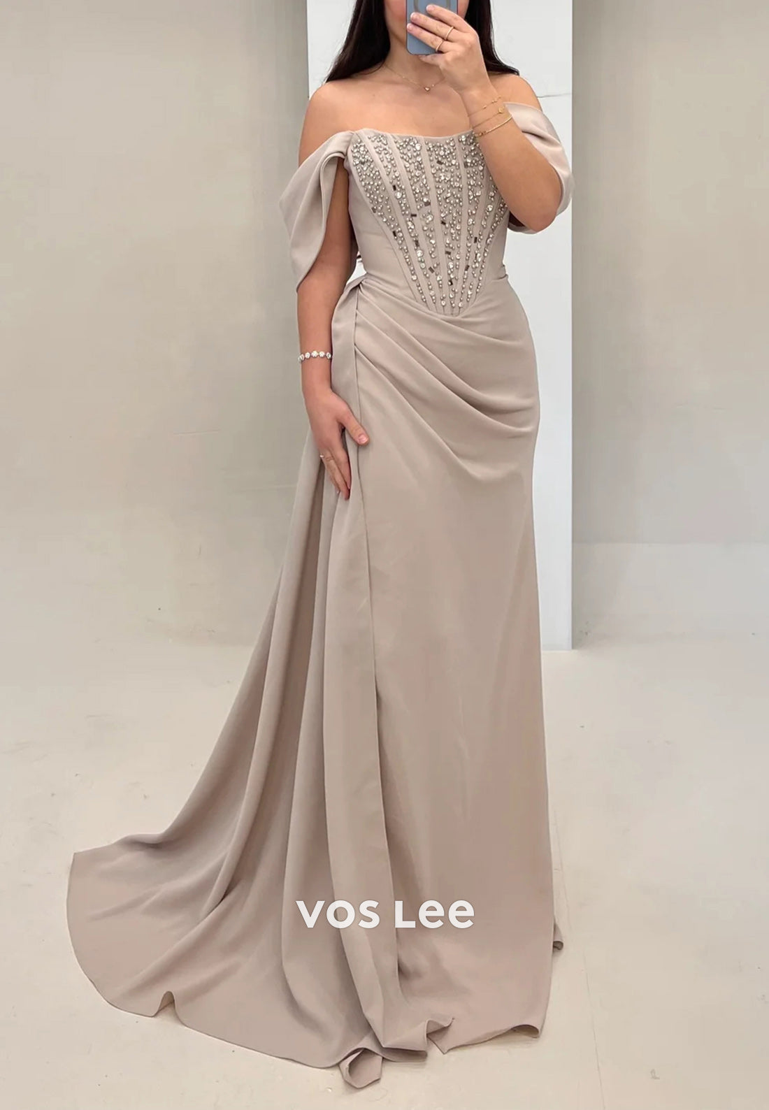 Off the Shoulder Pearls Rhinestone Pleated Mermaid Evening Dresses with Sweep Train