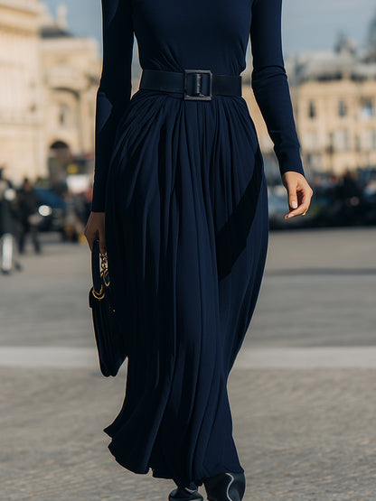 Pleated Knit-Bodice Dress In Midnight Navy