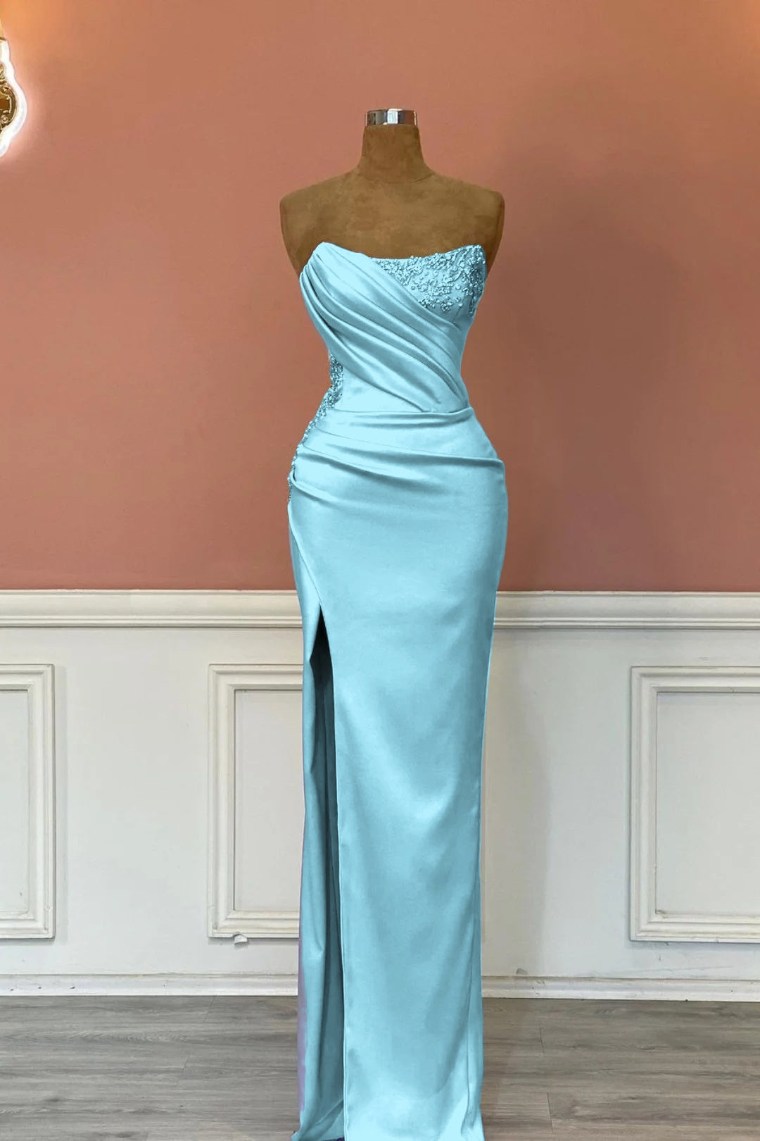 Satin Strapless Sleeveless Long Pleated Mermaid Prom Dress With Rhinstone And High Split