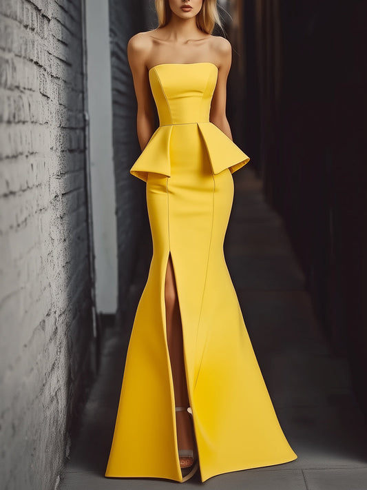 Modern Strapless Yellow Peplum Gown
