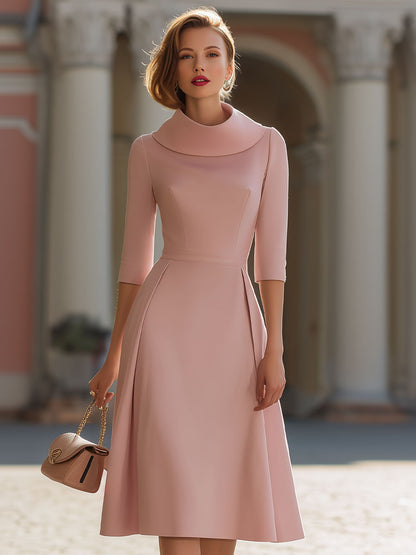 Elegant Blush Pink Cowl Neck Midi Dress With Pleated Details