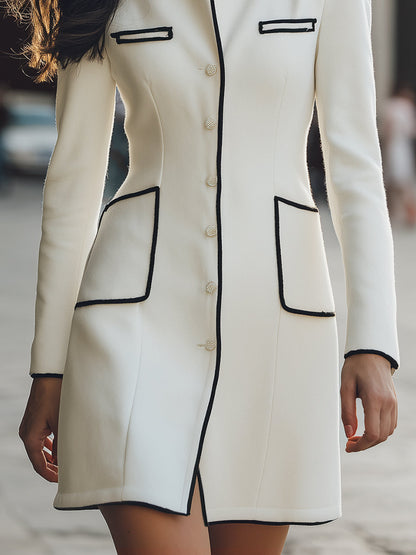 Elegant White Contrast-Trim Coat Dress