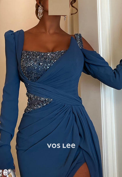 Long Sleeve Asymmetrical Neck Rhinestone Pleated Sheath Evening Dresses with Sweep Train