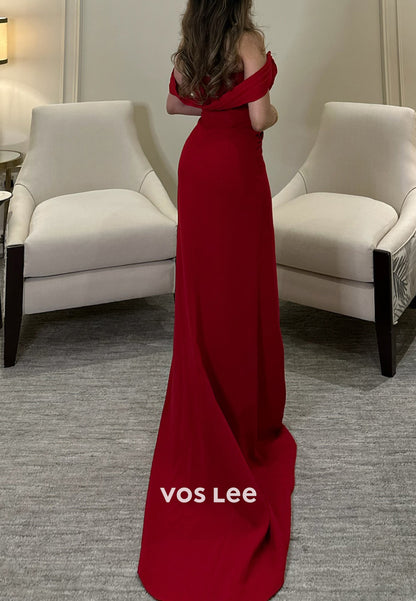Gorgeous & Charming Off the Shoulder Pleated Sheath Evening Dresses with Sweep Train