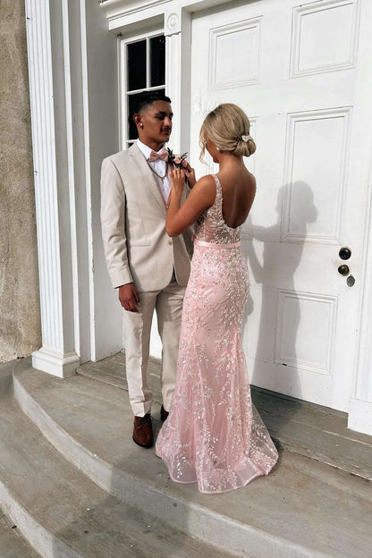 Square Neck Pink Appliques Tulle Fitted Prom Dress