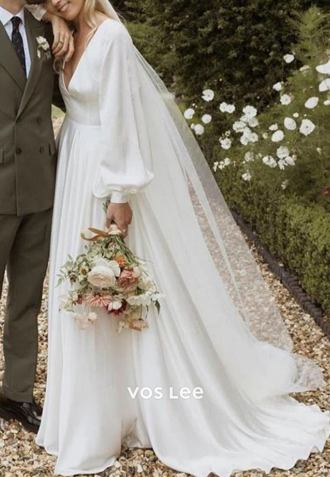 Couture Long Sleeve V Neck Backless Pleated Sheath Wedding Dresses with Sweep Train