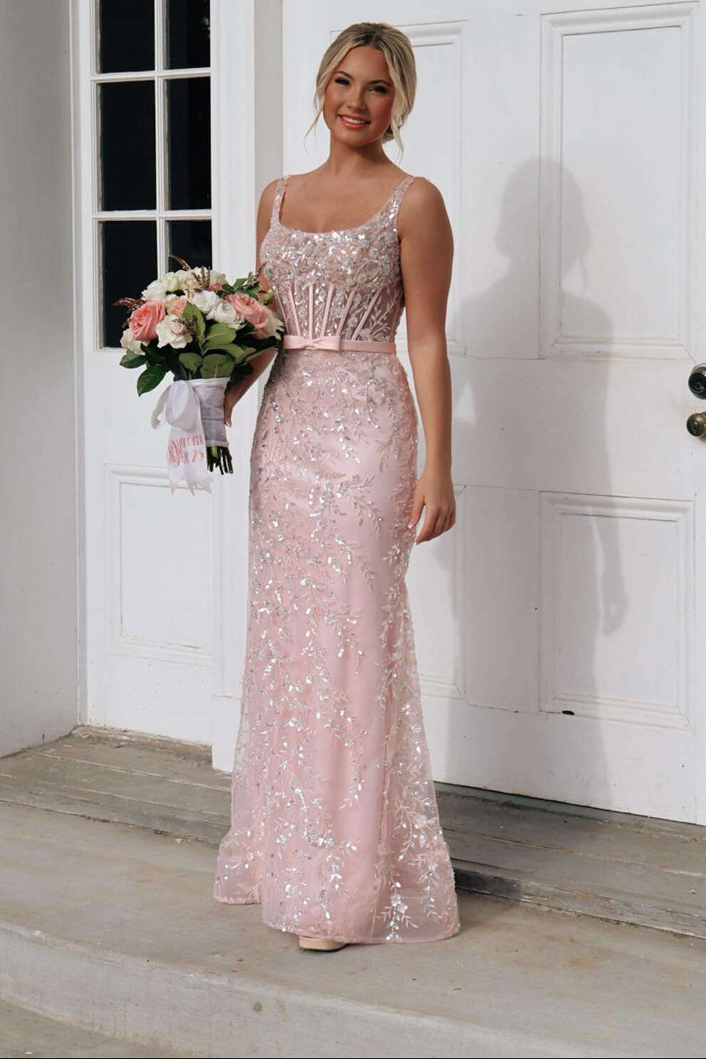 Square Neck Pink Appliques Tulle Fitted Prom Dress