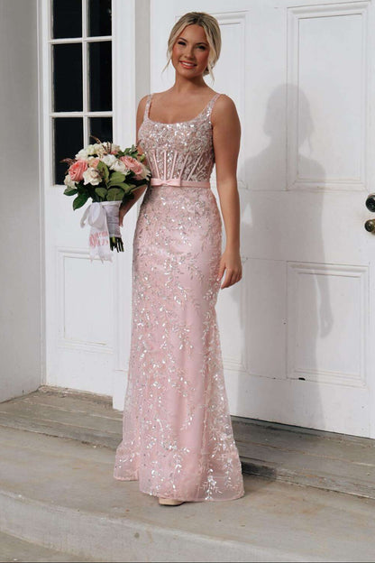 Square Neck Pink Appliques Tulle Fitted Prom Dress