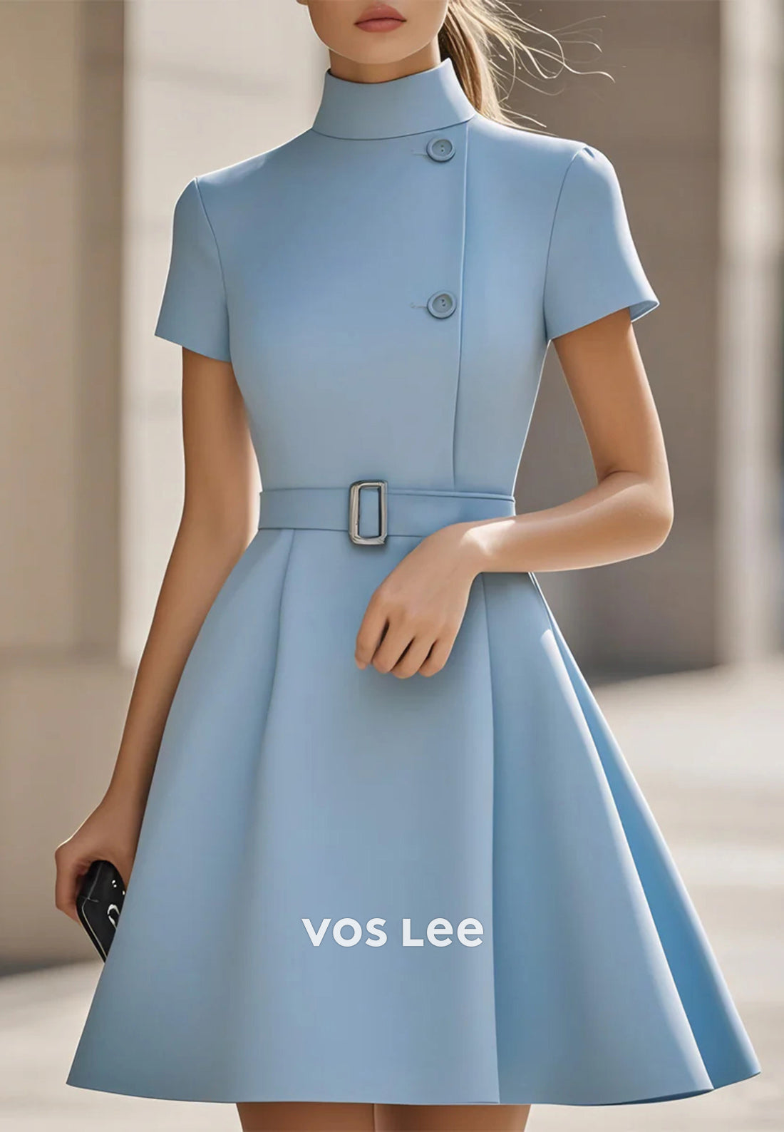 Mini & Short A-Line Short Sleeve High Neck Pleated Wedding Guest Dresses Party Dresses