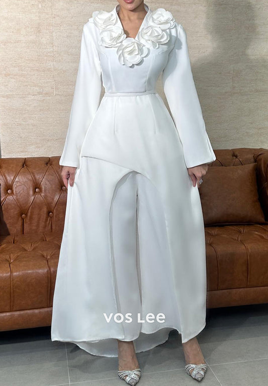Long Sleeve V Neck Floral Embellished Pleated Jumpsuit Evening Dresses