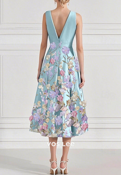 A-Line Plunging V Neck Tea-Length Appliqued Pleated Evening Dresses