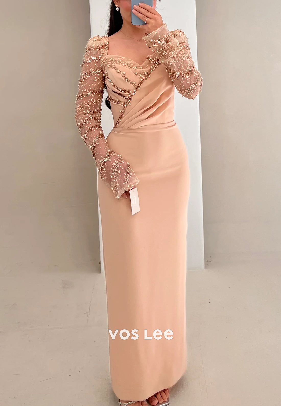 Classic Long Sleeve Sweetheart Beading Floor-Length Pleated Evening Dresses with Split