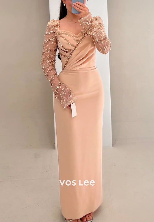 Classic Long Sleeve Sweetheart Beading Floor-Length Pleated Evening Dresses with Split