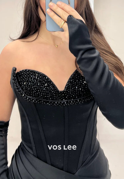 Strapless Sweetheart Rhinestone Pleated Mermaid Evening Dresses with Sweep Train