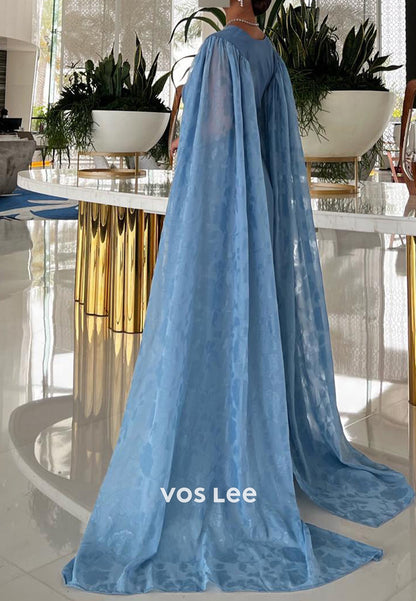 A-Line Long Sleeve V Neck Pleated Evening Dresses with Sweep Train