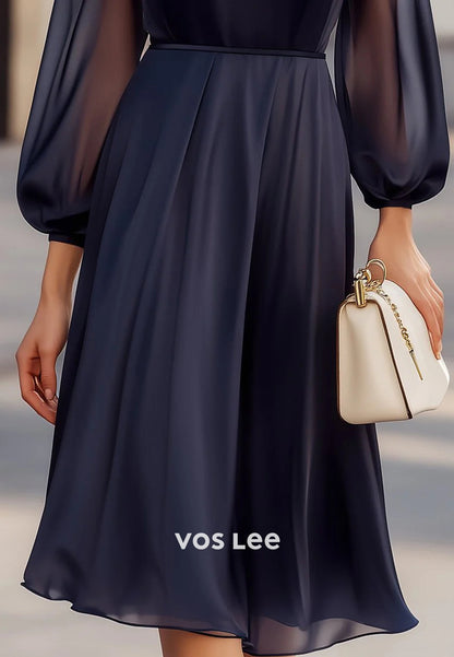 Classic A-Line Long Sleeve Scoop Knee-Length Pleated Wedding Guest Dresses