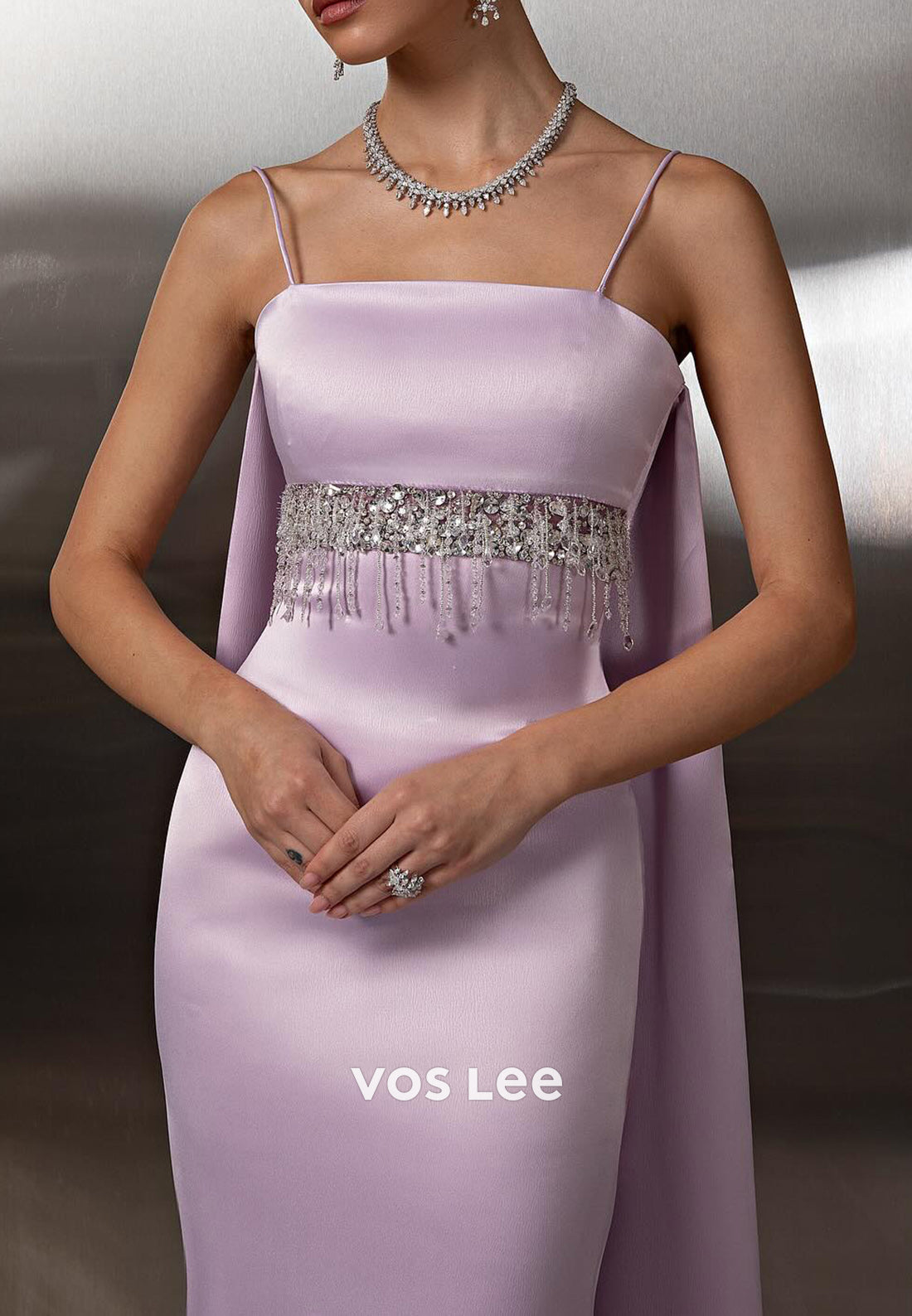 Spaghetti Straps Square Bead-Fringed Rhinestone Sheath Prom Dresses