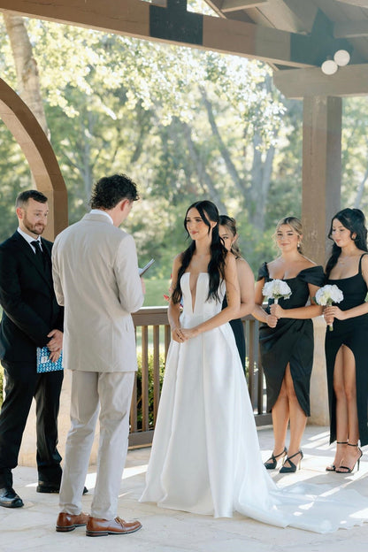 Charming A Line Deep V Neck White Satin Long Bridal Dress with Slit