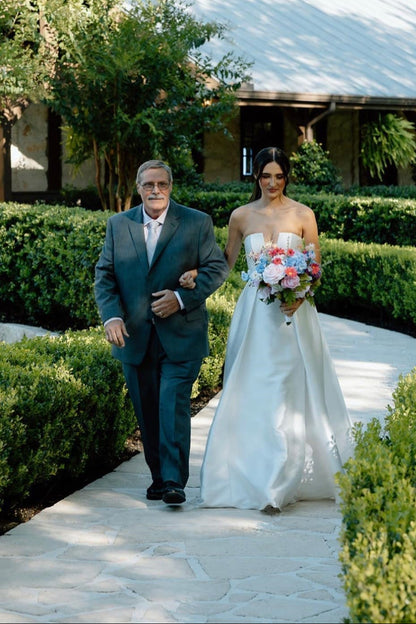 Charming A Line Deep V Neck White Satin Long Bridal Dress with Slit