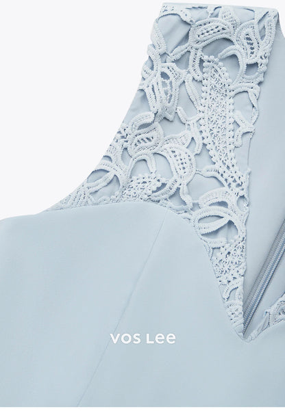 Sky Blue A-Line Illusion V Neck Tea-Length Pleated Party Dresses Wedding Guest Dresses