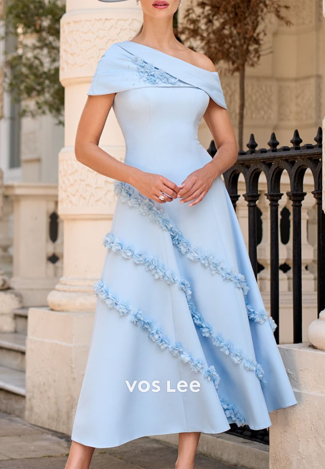A-Line Asymmetrical Neck Short Sleeve Floral Appliqued Ruched Mother of Bride Dresses