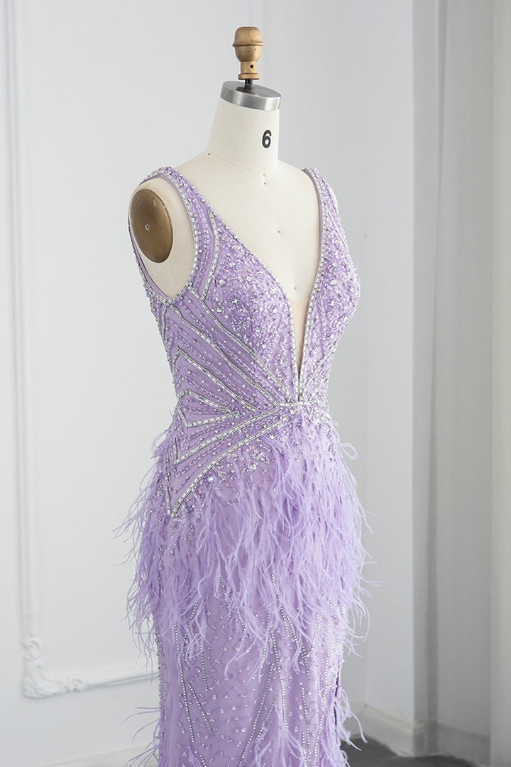 Sexy V Neck Mermaid Evening Dress Sheath With Feathers Open Back