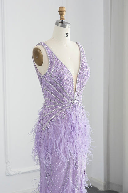 Sexy V Neck Mermaid Evening Dress Sheath With Feathers Open Back